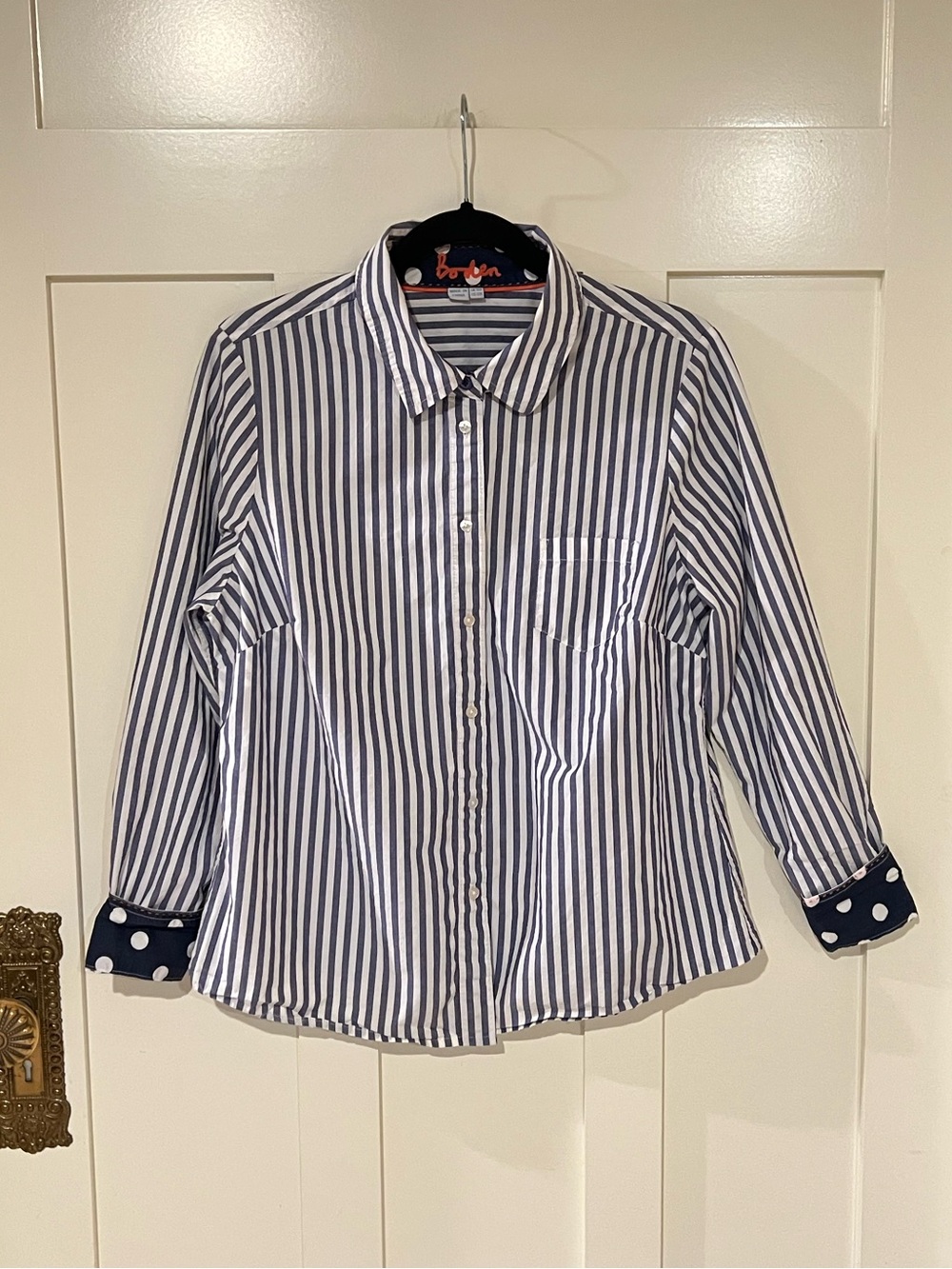 Boden Women’s Blue & White Stripe Button Up Polka Dot Flip Cuff Size 12 Preppy